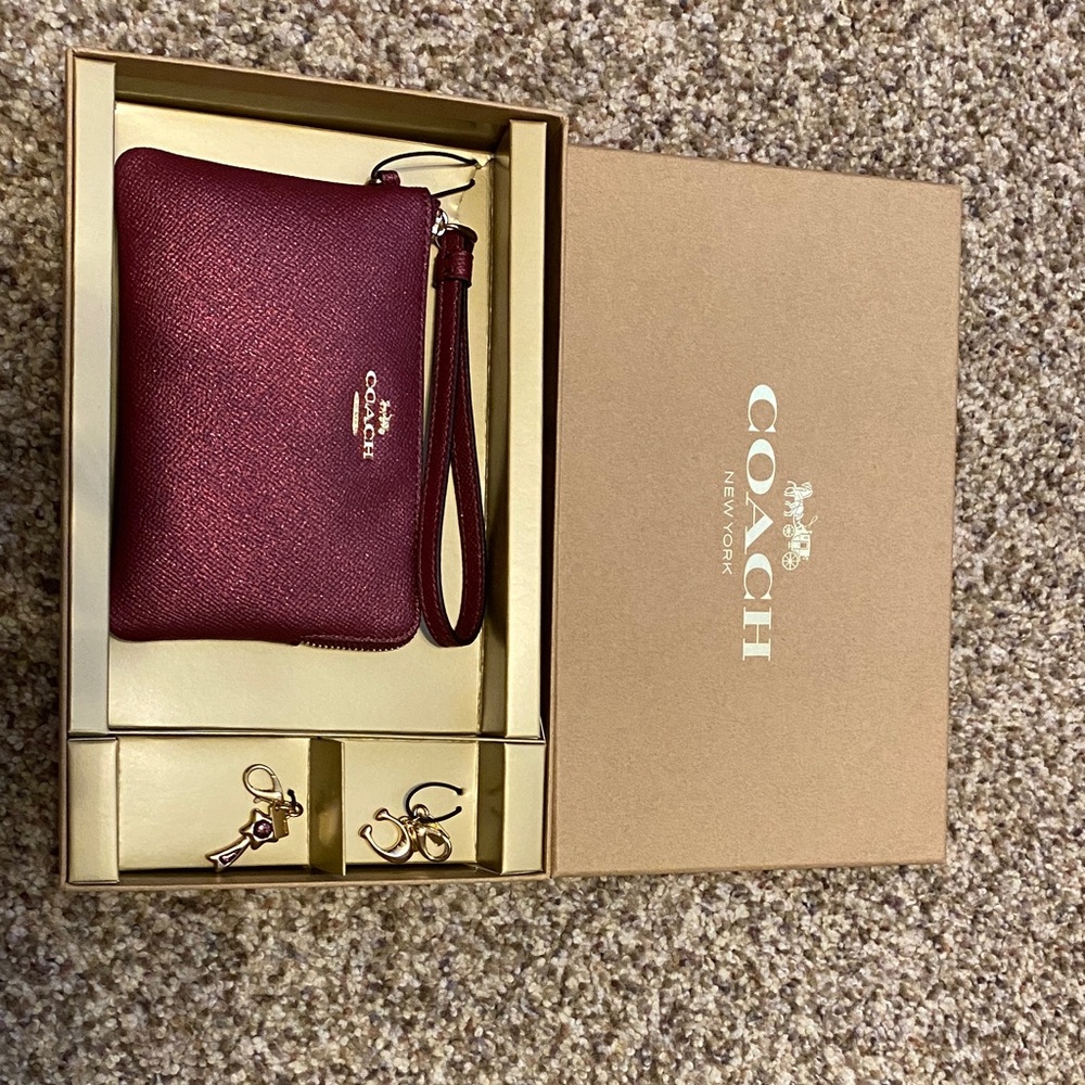 Coach Black Cherry Metallic Wristlet and Charm Set